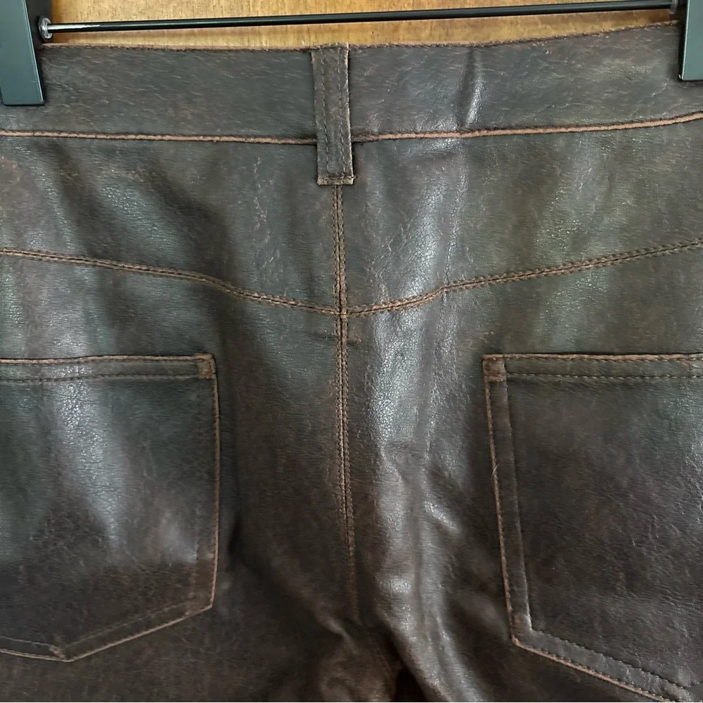 VINTAGE Chocolate Brown Patchwork Low Rise Faux Leather Flare Pants Y2K Goth 90s - Picture 9 of 16